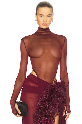Gaia Mesh Long Sleeve Bodysuit in Burgundy | Revolve Clothing (Global)
