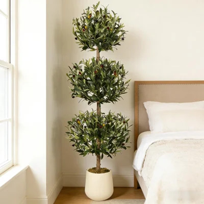 5FT Faux Artificial Olive Topiary Ball Plant in White Pot with faux fruits on it | Wayfair North America