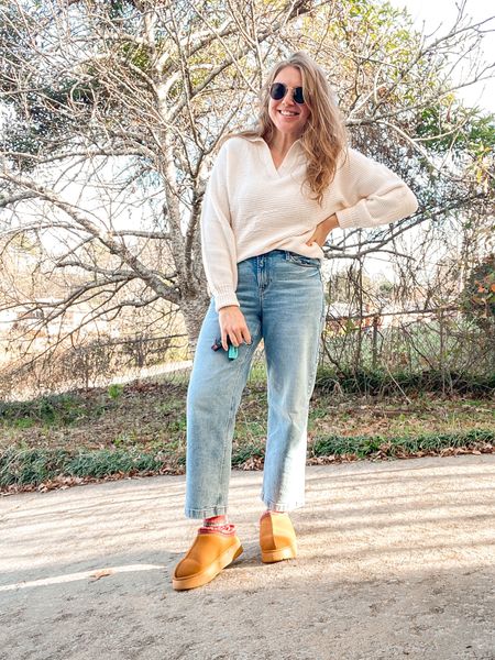 Casual mom style. January mom fit. Cream Collared sweater, wide leg crop jeans, cozy slippers, fair isle hiking socks, round sunglasses. Modern 70s style. Ripped sweater

#LTKstyletip #LTKSeasonal #LTKfindsunder50