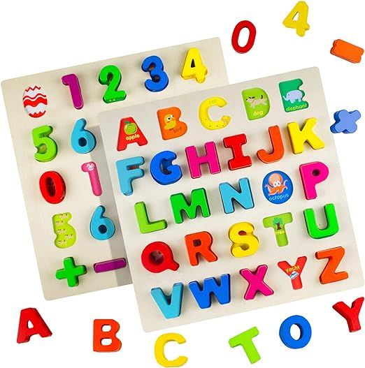 Timy Wooden Alphabet Puzzle and Number Puzzle Set for Toddlers, ABC Puzzle Board, Educational Toy... | Amazon (US)