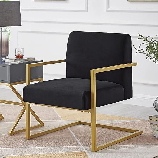 24KF Comfortable Fashional Accent Chair - Velvet Cushion & Square Arm Metal Golden Stand -Black | Amazon (US)