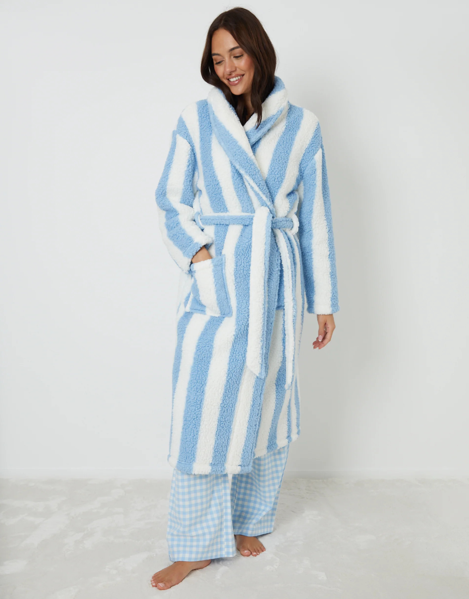 Blue Stripe Borg Dressing Gown | Threadbare