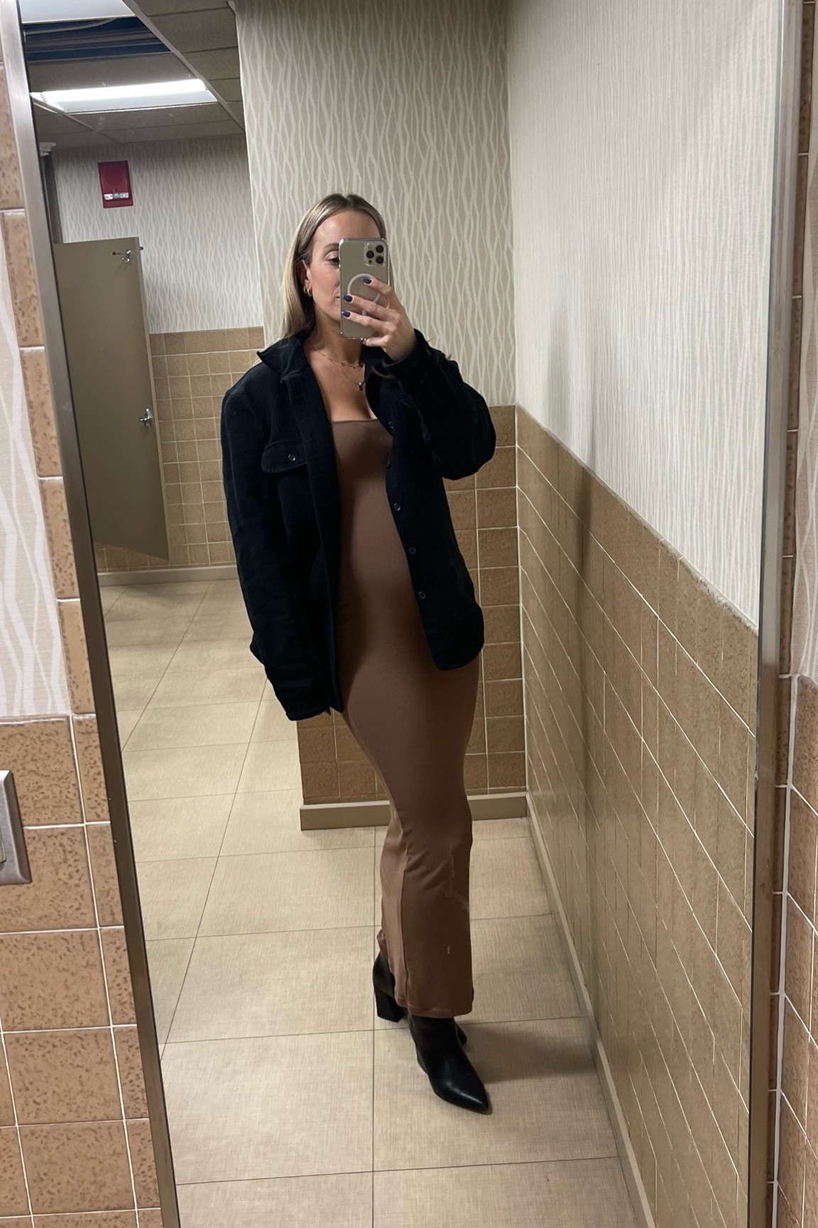 Maternity outfit inspo simple neutral dress boots Amazon bump style dress shocker flannel jacket neutral brown black booties pregnancy

#LTKBump