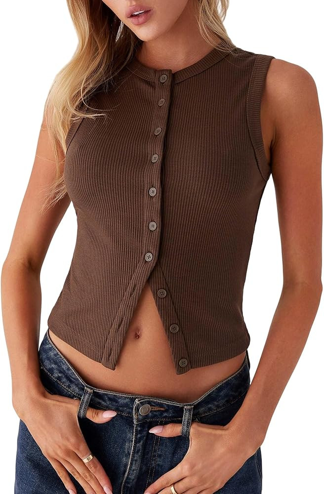 Adoeren Women Button Up Tank Vest Trendy Casual Slim Fit Sleeveless Ribbed Shirt Y2k Going Out Cr... | Amazon (US)