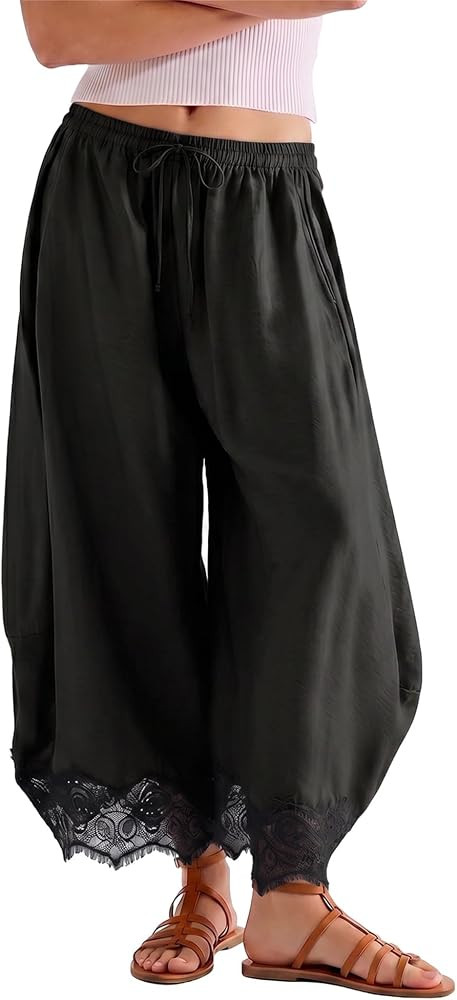 SeeLuNa Comfy Women's Pants Cropped Lace Hem Pants Summer Boho Drawstring High Rise Wide Leg Loun... | Amazon (US)