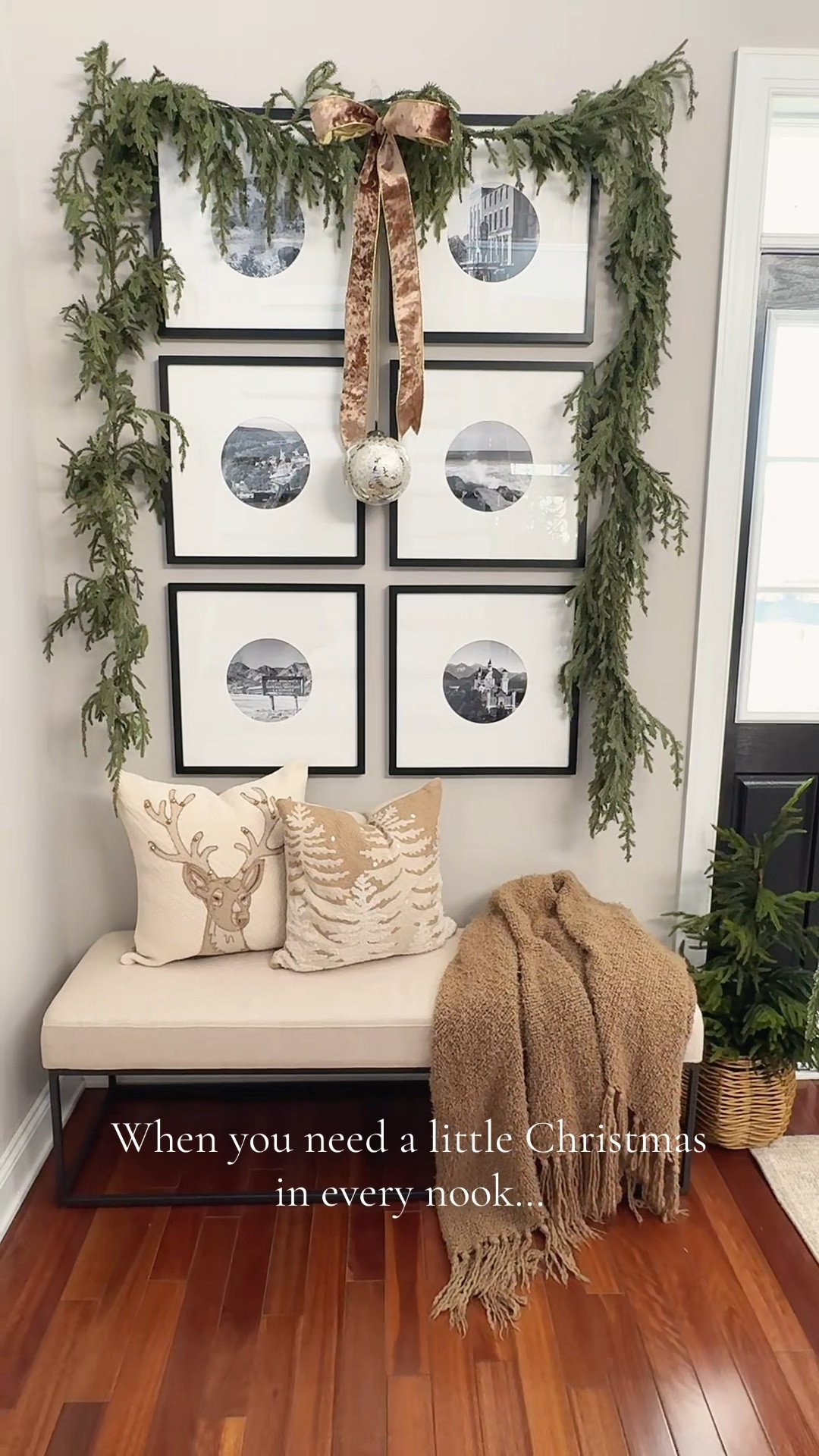 A calm, neutral Christmas moment in the foyer 🎄✨
Simple touches — fresh greenery, a velvet ribbon, and one mercury glass ornament — bring quiet holiday warmth to this little nook. I love how the soft tones and cozy textures make it feel festive but serene.
#LTKFoyer Entryway #LTKPotteryBarnChristmas #LTKNeutralChristmasDecor #LTKBenchStyling 

#LTKHome #LTKHoliday #LTKSeasonal