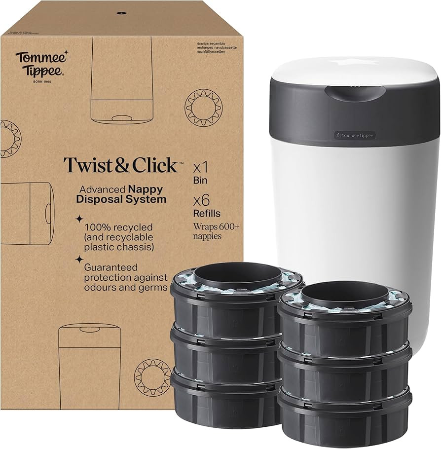 Tommee Tippee Twist and Click Nappy Bin Starter Set, 6x Refill Cassettes with Multilayer, Antibac... | Amazon (UK)
