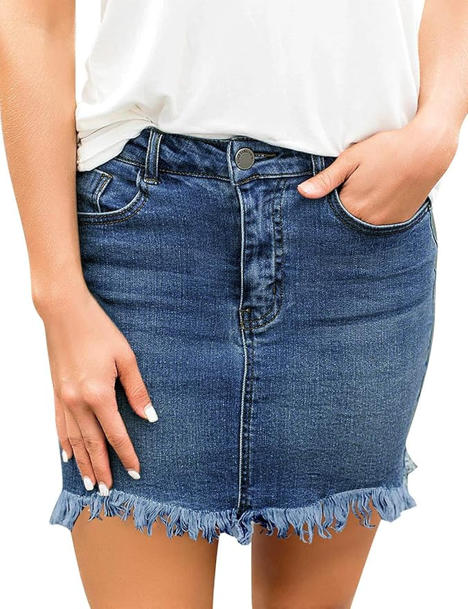 luvamia Women's Casual Mid Waisted Washed Frayed Pockets Denim Jean Short Skirt | Amazon (US)