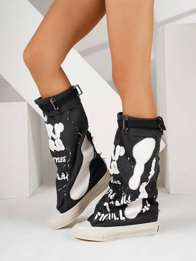 Fall/Winter Women's Gray Round Toe Thick Sole Flat Ankle Boots, Casual Canvas Short Boots For Spring & Autumn,Boots For Women | SHEIN