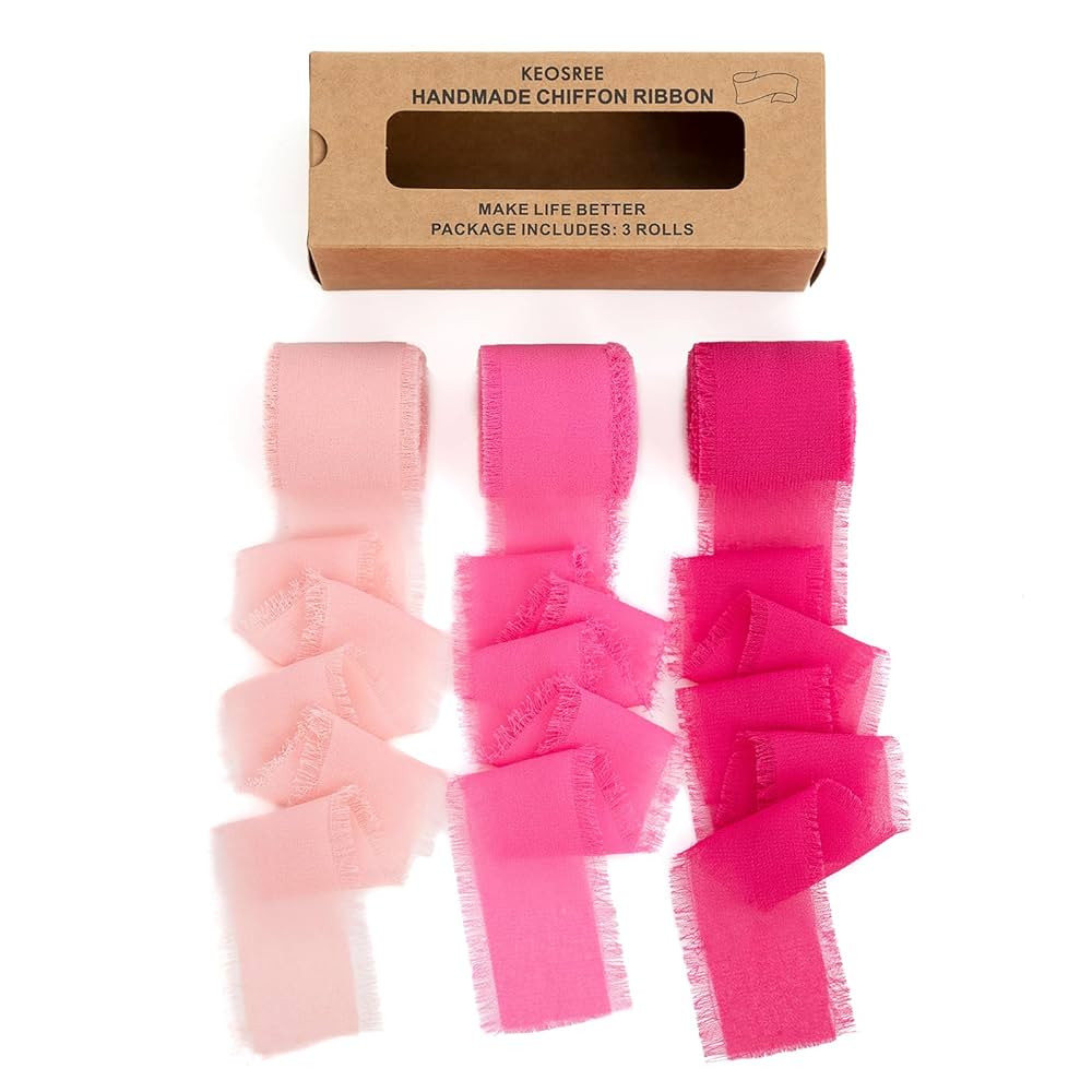 Hot Pink Pastel Pink Handmade Chiffon Ribbon,1.5" x 21Yd Frayed Silk Ribbons for Wreaths Bridal F... | Amazon (US)