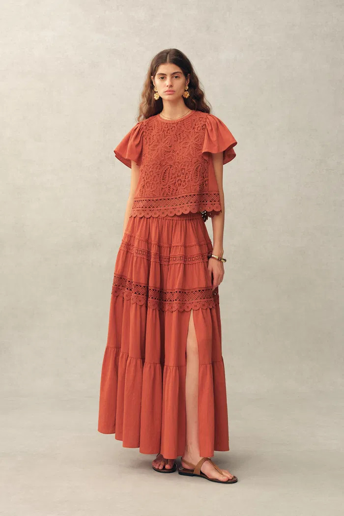 Kalia Lace Embroidery Pleated Cap Sleeve Top and Maxi Slit Skirt Set i | Fabrique