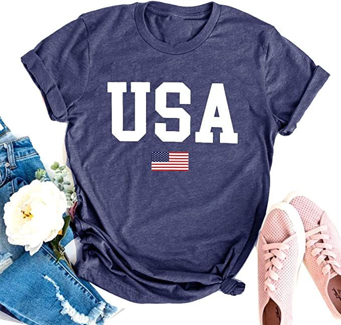 USA Flag Tee Shirt for Women 4th of July Memorial Day Gift T Shirt Casual Short Sleeve American P... | Amazon (US)