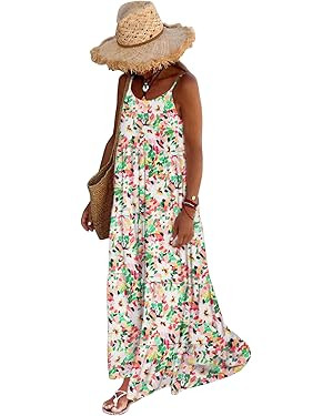 PRETTYGARDEN Womens Floral Summer Casual Bohemian Spaghetti Strap Flowy Long Dresses With Pockets | Amazon (US)