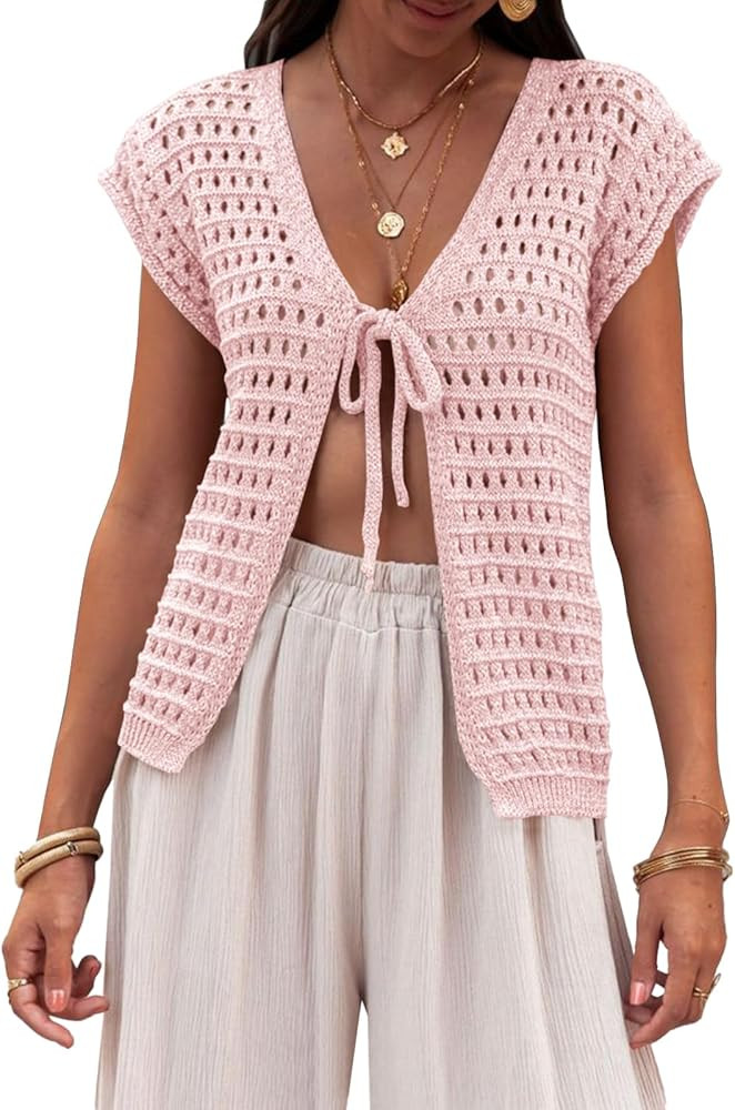 Saodimallsu Womens Tie Crochet Shrug Short Sleeve Open Front Lightweight Knit Cropped Cardigan Sw... | Amazon (US)