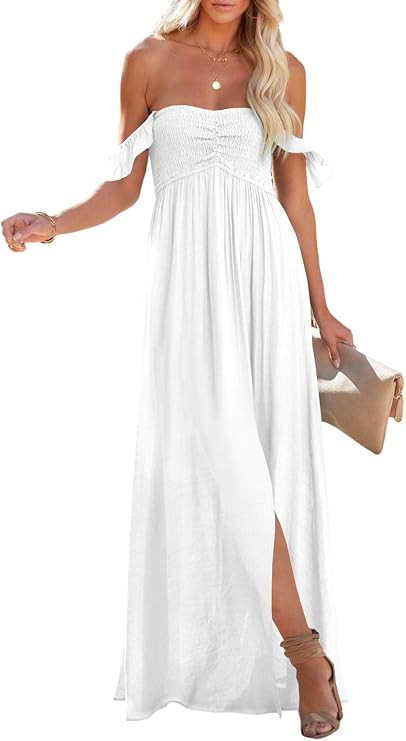 Happy Sailed Women's 2025 Summer Smocked Off The Shoulder Maxi Dresses Ruffle Short Sleeve A Line... | Amazon (US)