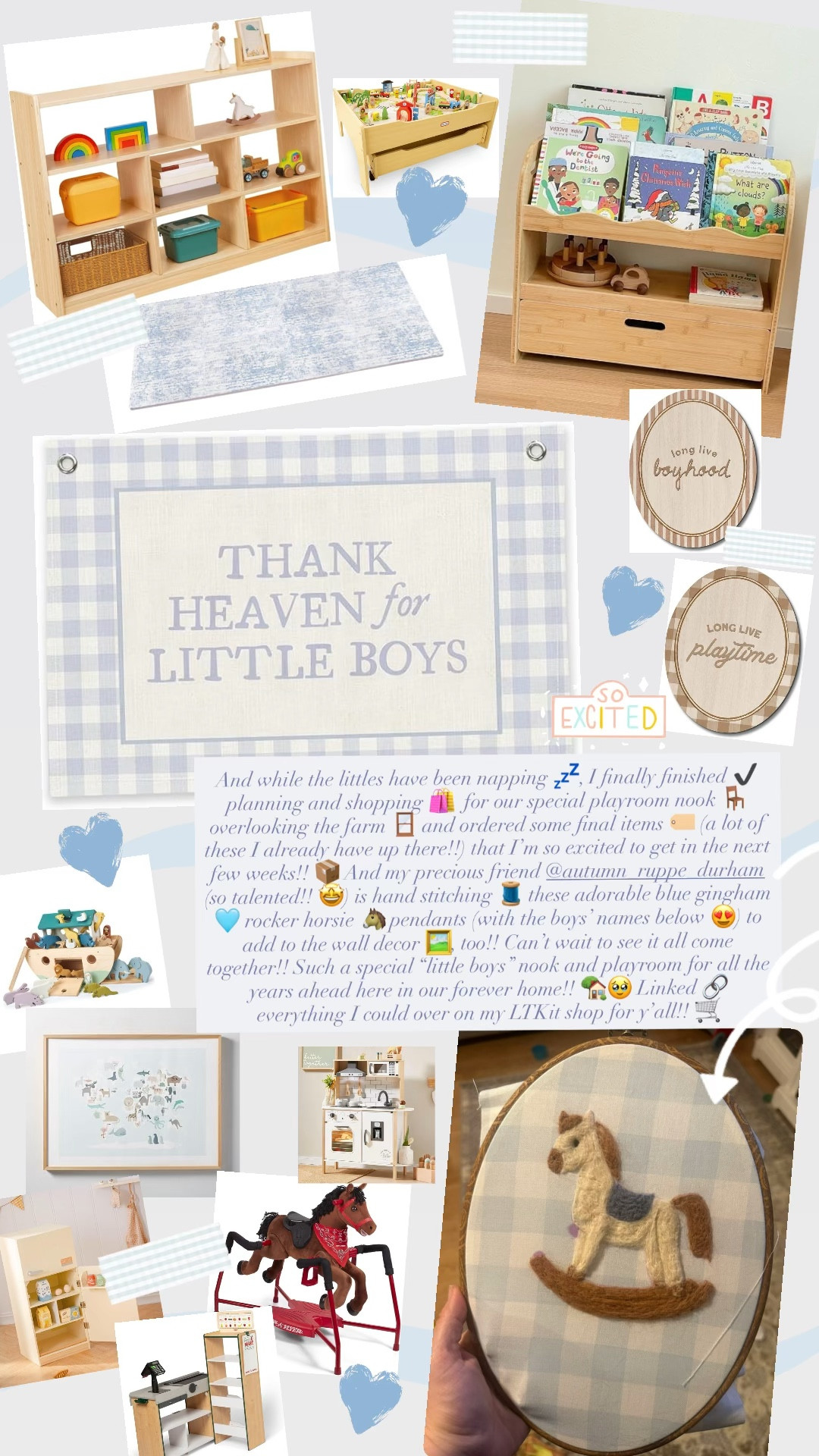 And while the littles have been napping 💤, I finally finished ✔️ planning and shopping 🛍️  for our special playroom nook 🪑 overlooking the farm 🪟 and ordered some final items 🏷️ (a lot of these I already have up there!!) that I’m so excited to get in the next few weeks!! 📦 And my precious friend @autumn_ruppe_durham (so talented!! 🤩) is hand stitching 🧵 these adorable blue gingham 🩵 rocker horsie 🐴 pendants (with the boys’ names below 😍) to add to the wall decor 🖼️, too!! Can’t wait to see it all come together!! Such a special “little boys” nook and playroom for all the years ahead here in our forever home!! 🏡🥹 Linked 🔗 everything I could over on my LTKit shop for y’all!! 🛒 