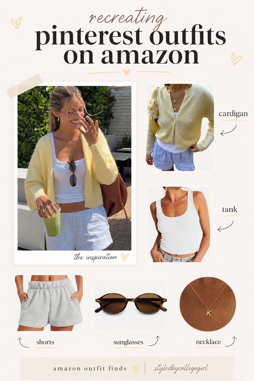 Recreating Pinterest outfits with Amazon finds 🤍 I found affordable pieces to get this cute summer outfit look — soft yellow cardigan, white tank, comfy shorts, tortoise sunglasses, and a gold initial necklace. Everything is linked here!

#LTKdayinmylife #LTKootd #LTKSaleAlert