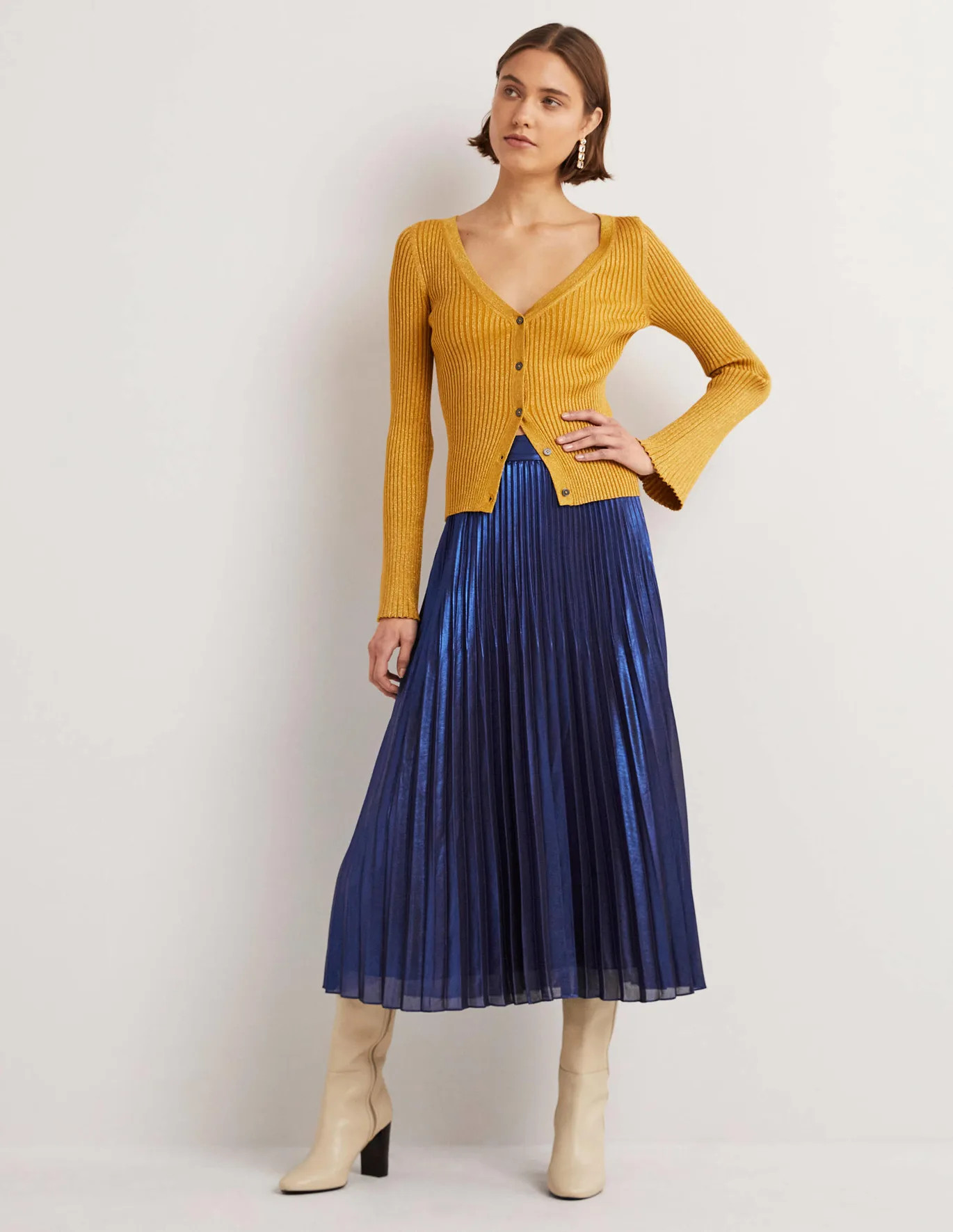 Pleated Crepe Midi Skirt - Metallic, Navy | Boden (US)