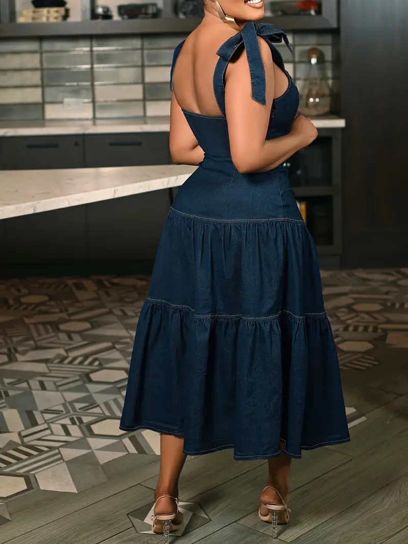 Denim Dress Elegant Plus Size Bowknot Shoulder Layered - Temu | Temu Affiliate Program