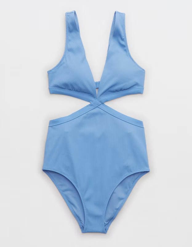 Aerie Ribbed Mix Crossover Cut Out One Piece Swimsuit | American Eagle Outfitters (US & CA)