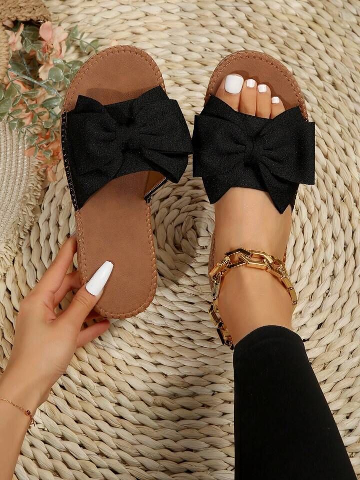 Women Bow Decor Flat Sandals, Preppy Black Polyester Slide Sandals | SHEIN