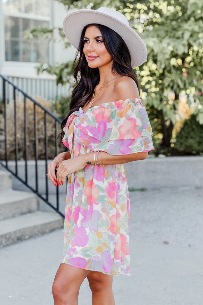 Just A Memory Multi Floral Cinched Bust Off The Shoulder Mini Dress | Pink Lily