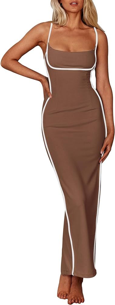 PRETTYGARDEN Women's Summer Long Bodycon Dress Spaghetti Strap Sleeveless Back Slit Maxi Dresses | Amazon (US)