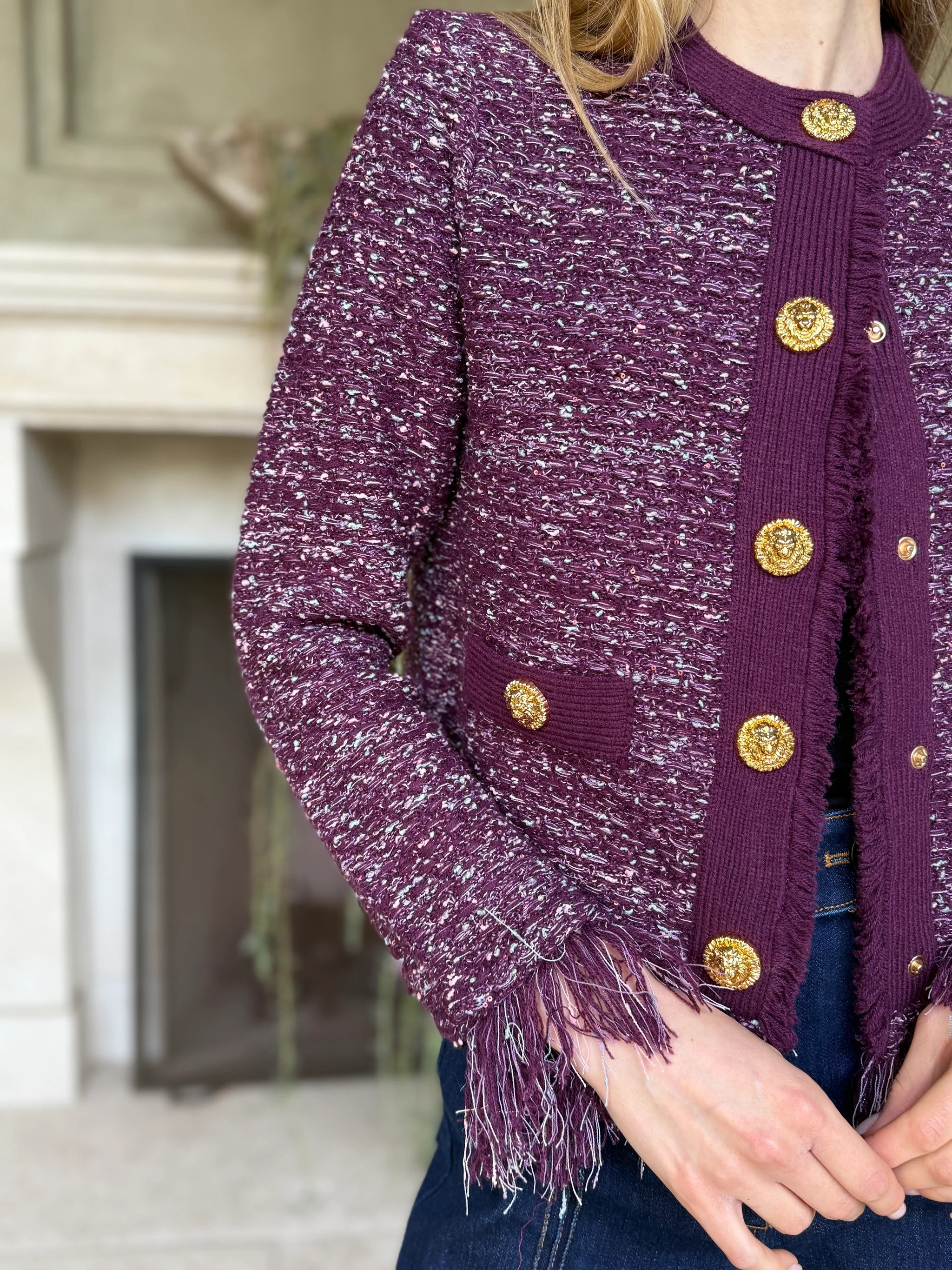 Jessica Fringe Hem Cropped Cardigan Jacket - Eggplant | Benaar La