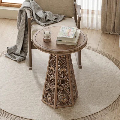 Rustic Round Farmhouse Wooden End Table With Carved Floral Patterns Base, Boho, For Living Room, Bedroom, Distressed | Wayfair North America