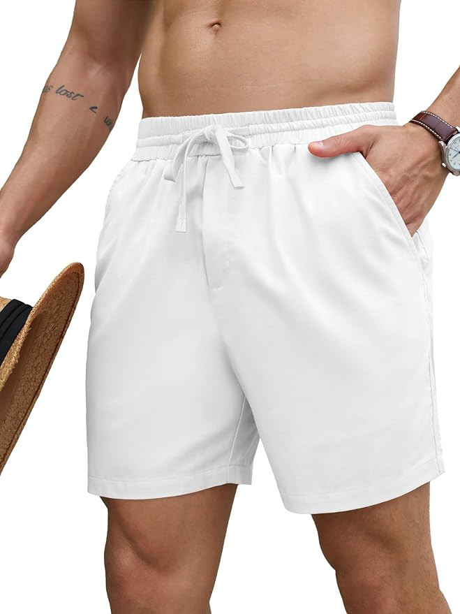 PLEPAN Mens 5 Inch Linen Shorts - Casual Elastic Waist Drawstring Summer Beach Shorts with Pocket | Amazon (US)