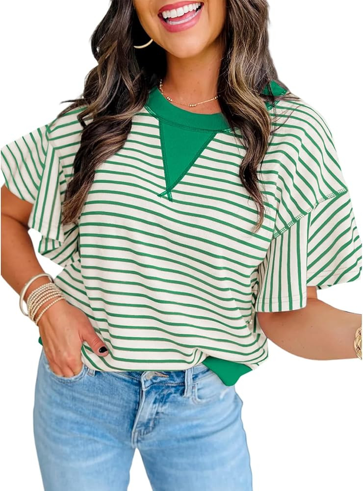 Women's Summer Striped Ruffle Short Sleeve Tops Contrast Colorblock 2026 Round Neck Loose Fit Cut... | Amazon (US)