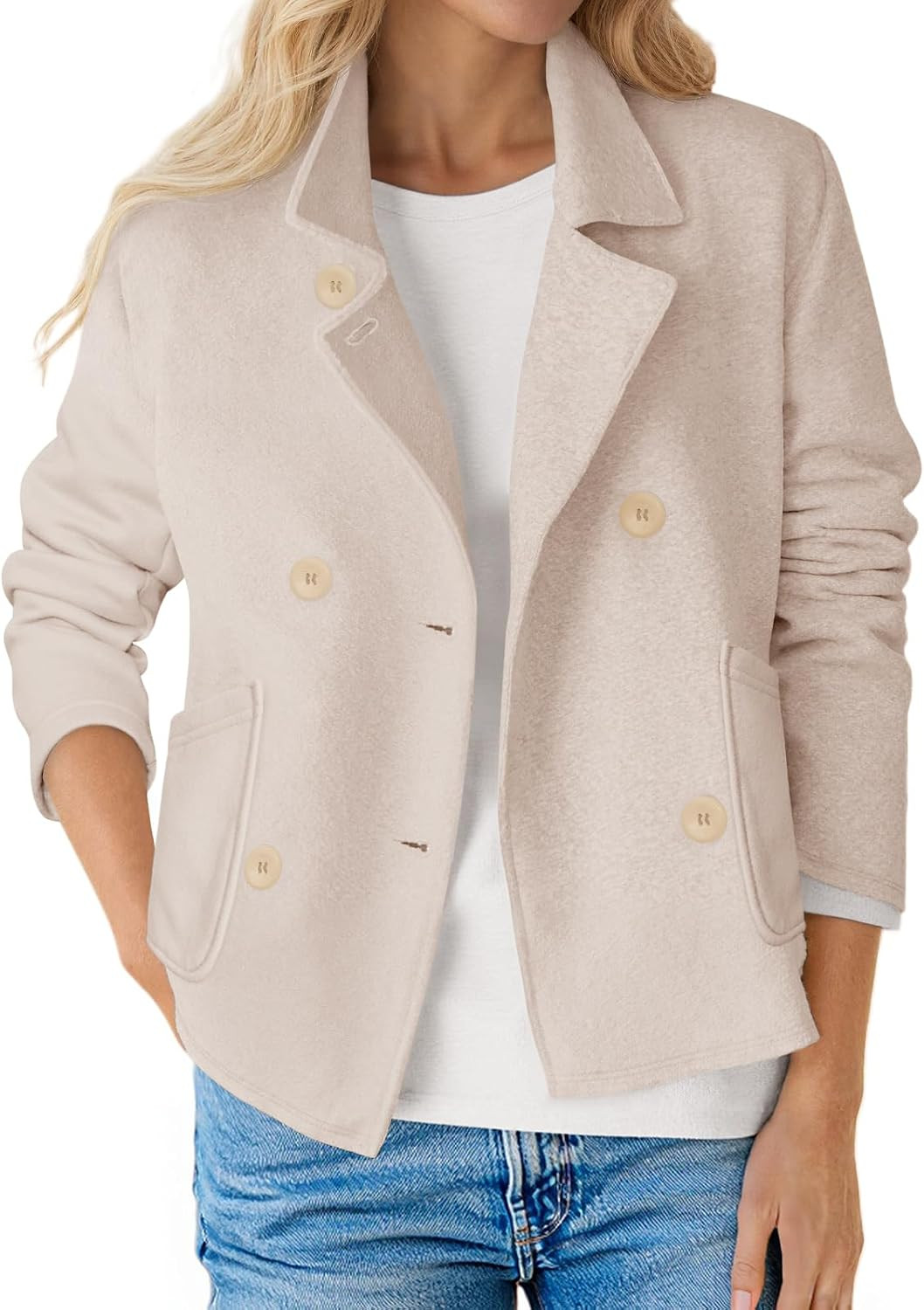 Fisoew Womens Sweatshirt Blazer Crop Double Breasted Button Suit Jacket | Amazon (US)