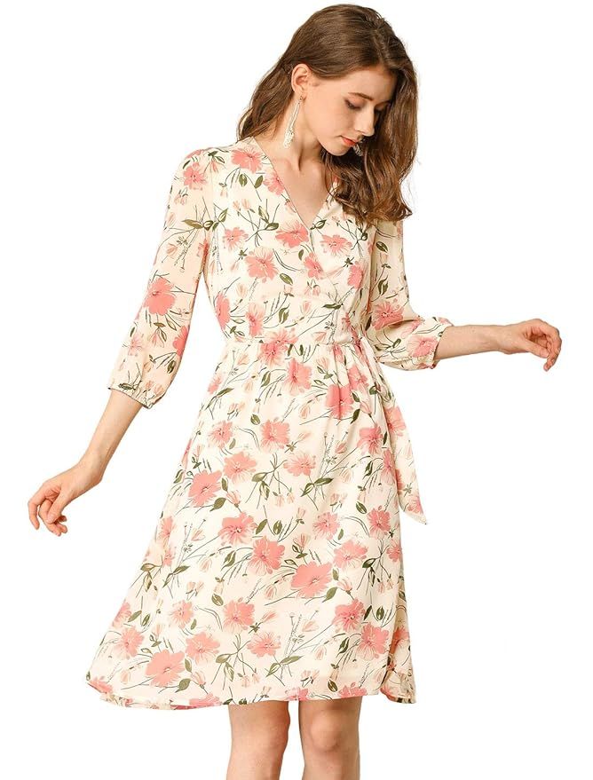 Allegra K Women's Summer Floral V Neck Vintage Beach Casual Chiffon Dress | Amazon (US)