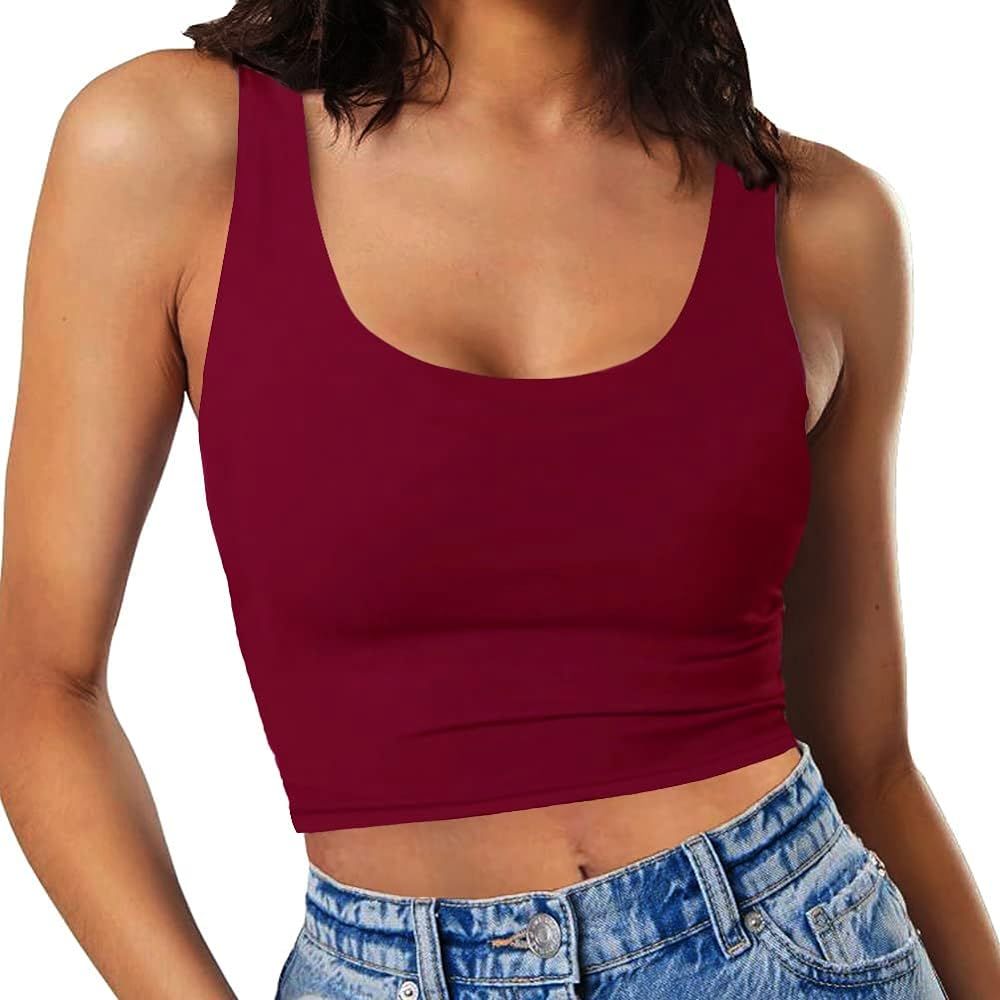 SanxiawaBa Women’s Sexy Sleeveless Crop Tops Double Layer Scoop Neck Cropped Tank Top | Amazon (US)