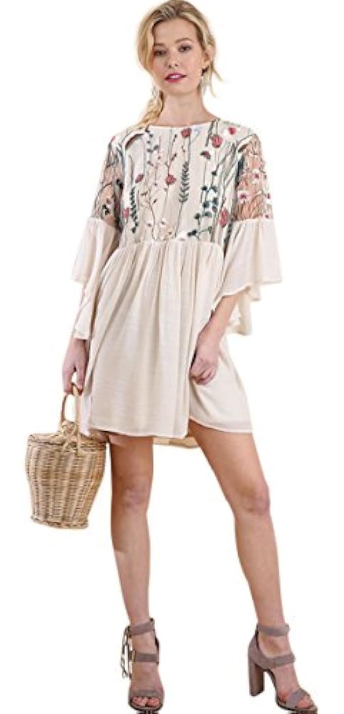 Umgee Women's Floral Embroidered Lace Keyhole Angel Sleeve Dress | Amazon (US)