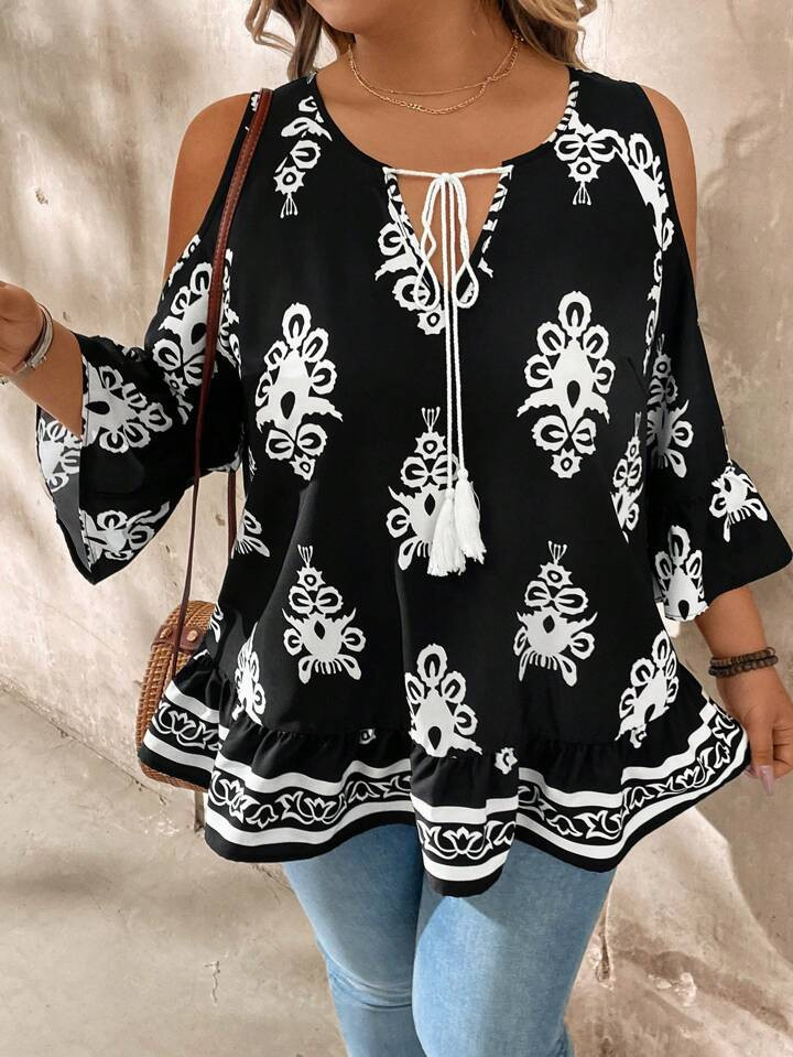 SHEIN LUNE Plus Size Open Shoulder Tie-Up Tasseled Casual Vacation Shirt | SHEIN