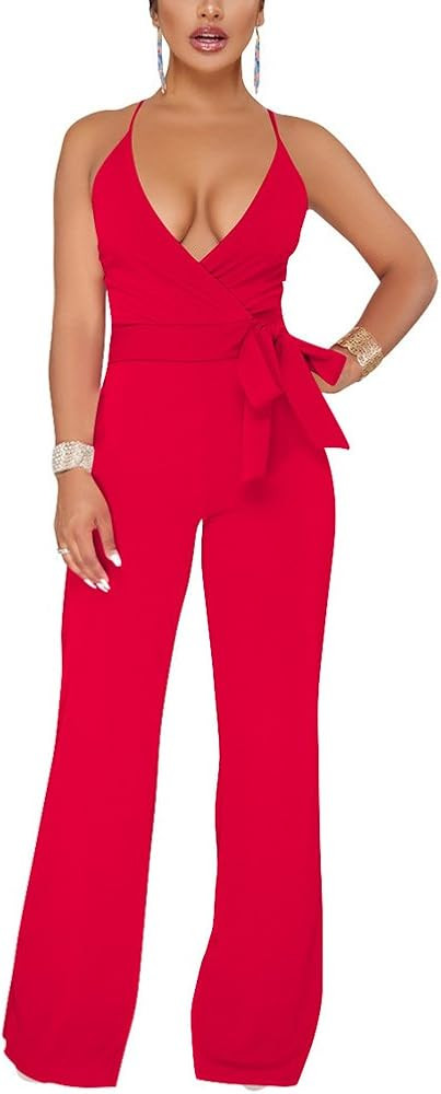 Aro Lora Women's Sexy V Neck Sleeveless Backless Long Wide Leg Pant Jumpsuit Romper | Amazon (US)