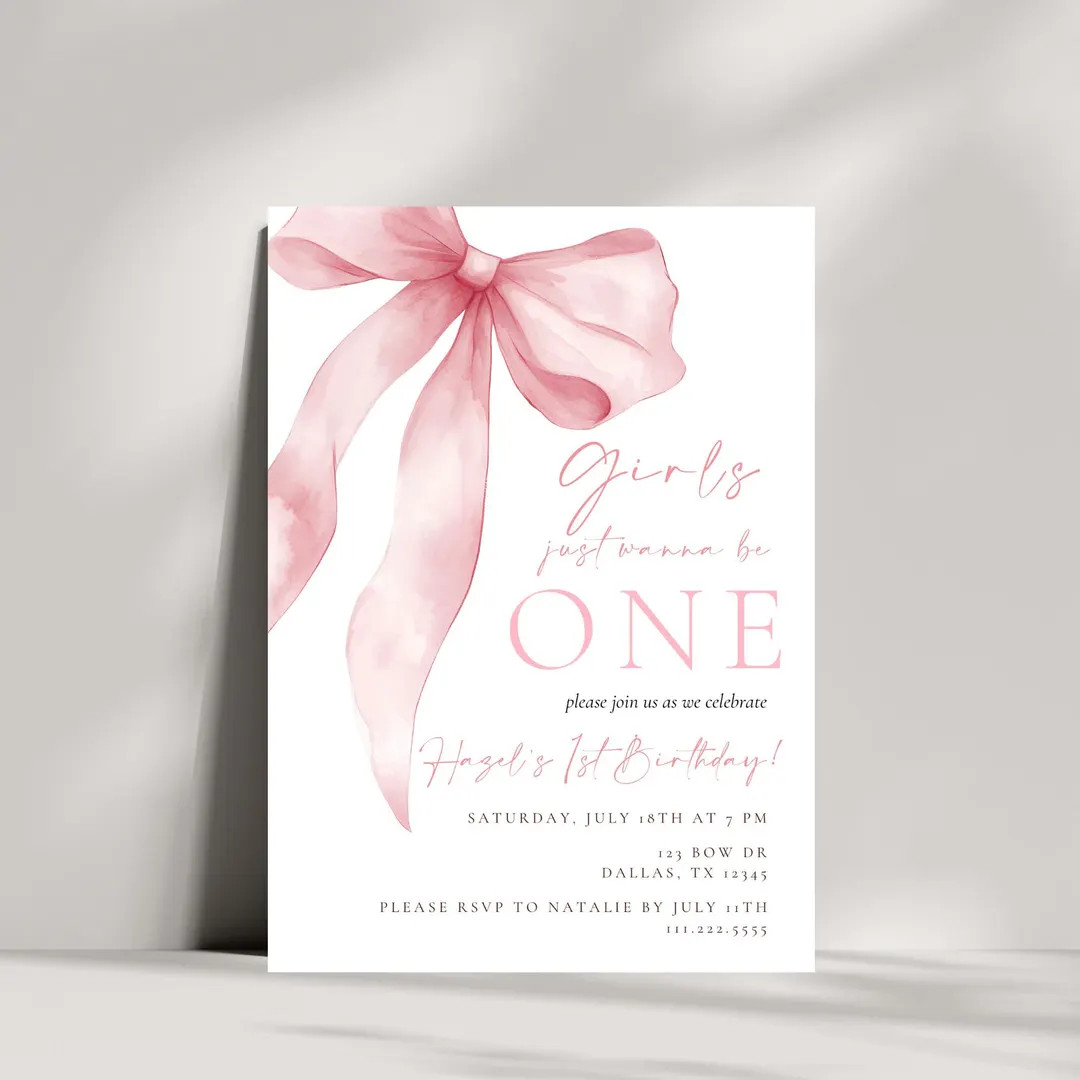 Girls Just Wanna Be One Birthday Invitation | Editable Pink Bow First Birthday Invite | Preppy Co... | Etsy (US)