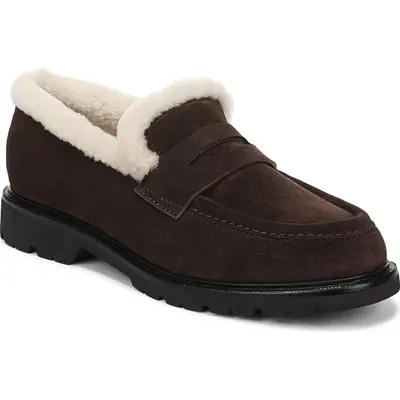 Vince Siena Genuine Shearling Lined Lugged Penny Loafer in Cacao Brown Suede at Nordstrom, Size 8.5 | Nordstrom