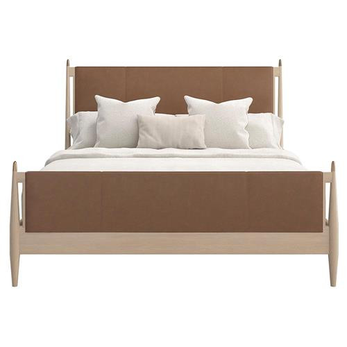 Caracole Rhythm Modern Classic Camel Upholstered Leather Beige Oak Bed - Queen | Kathy Kuo Home