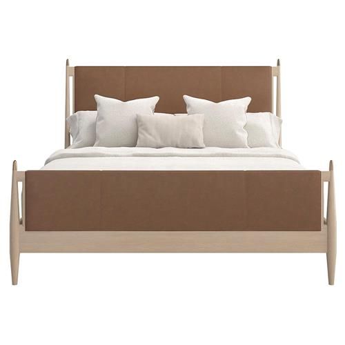 Caracole Rhythm Modern Classic Camel Upholstered Leather Beige Oak Bed - Queen | Kathy Kuo Home