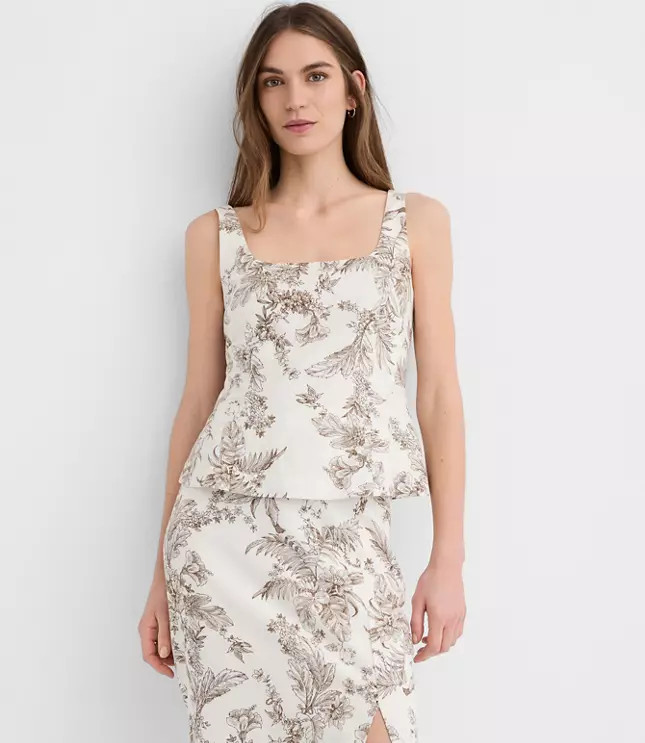 Floral Toile Seamed Linen Cotton Peplum Top | LOFT