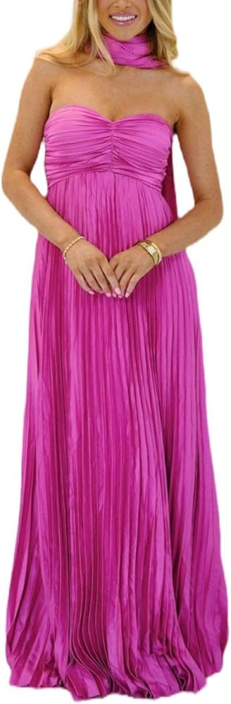 Women Formal Strapless Maxi Scarf Dress Y2k Summer Satin Prom Long Tube Dress Floral Ruffle Cockt... | Amazon (US)