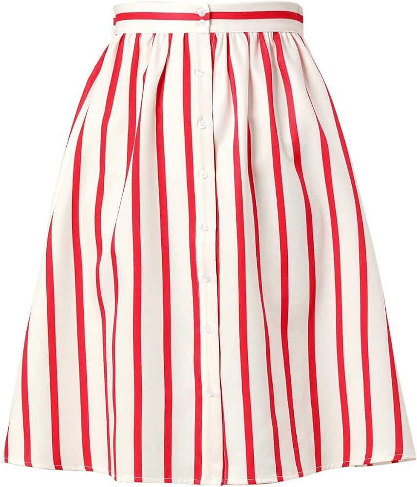 Allegra K Women's Striped Button Front Elastic Back Waist A-Line Midi Skirt | Amazon (US)