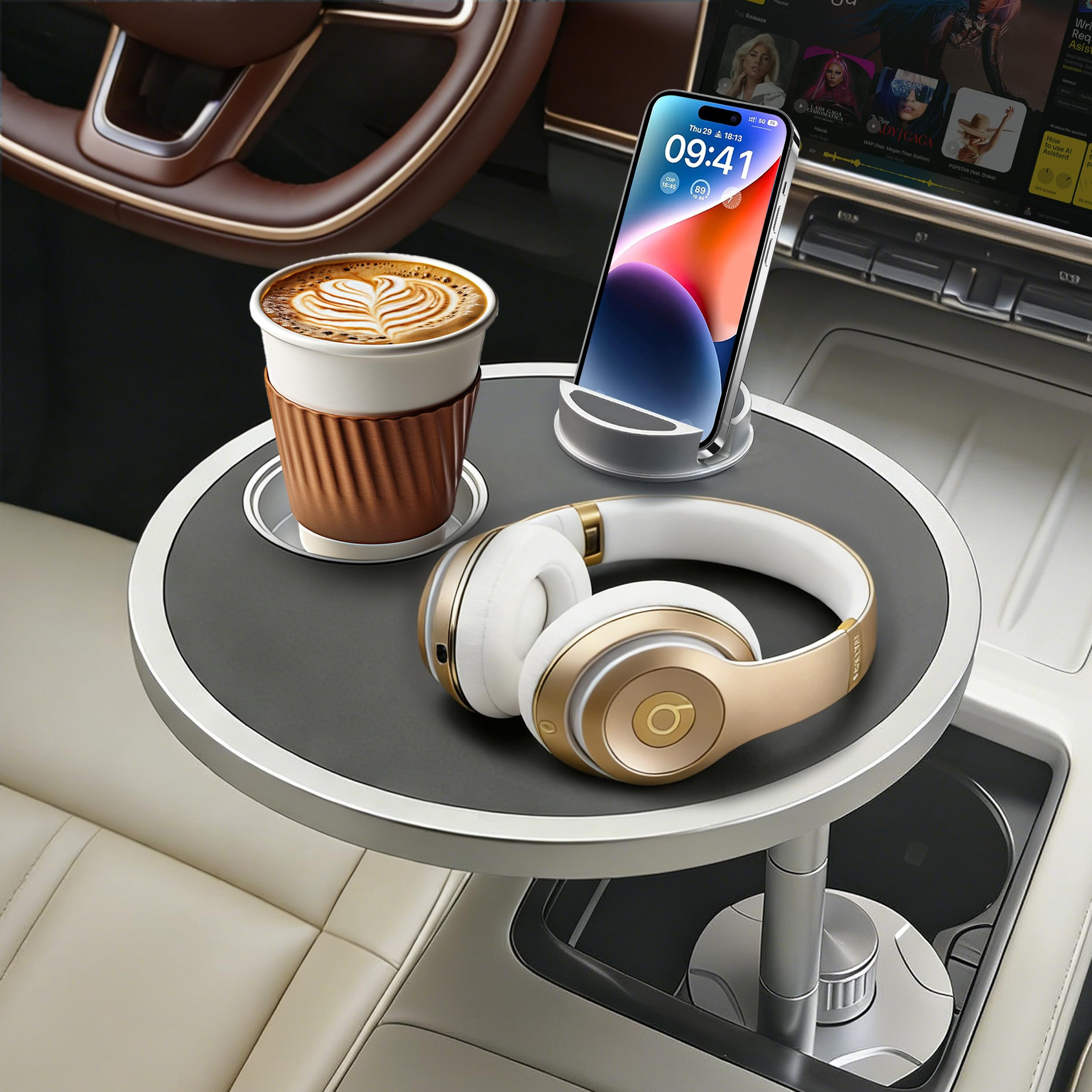 Car Food Tray & Car Table Tray with Car-Grade Aluminum Cup Holder & Phone Stand,360° Rotating Car Desk for Laptop & Eating, Compatible with Tesla Model Y/3/S, Best Fit Round Cup Holder (2.28" - 3.66") | Amazon (US)