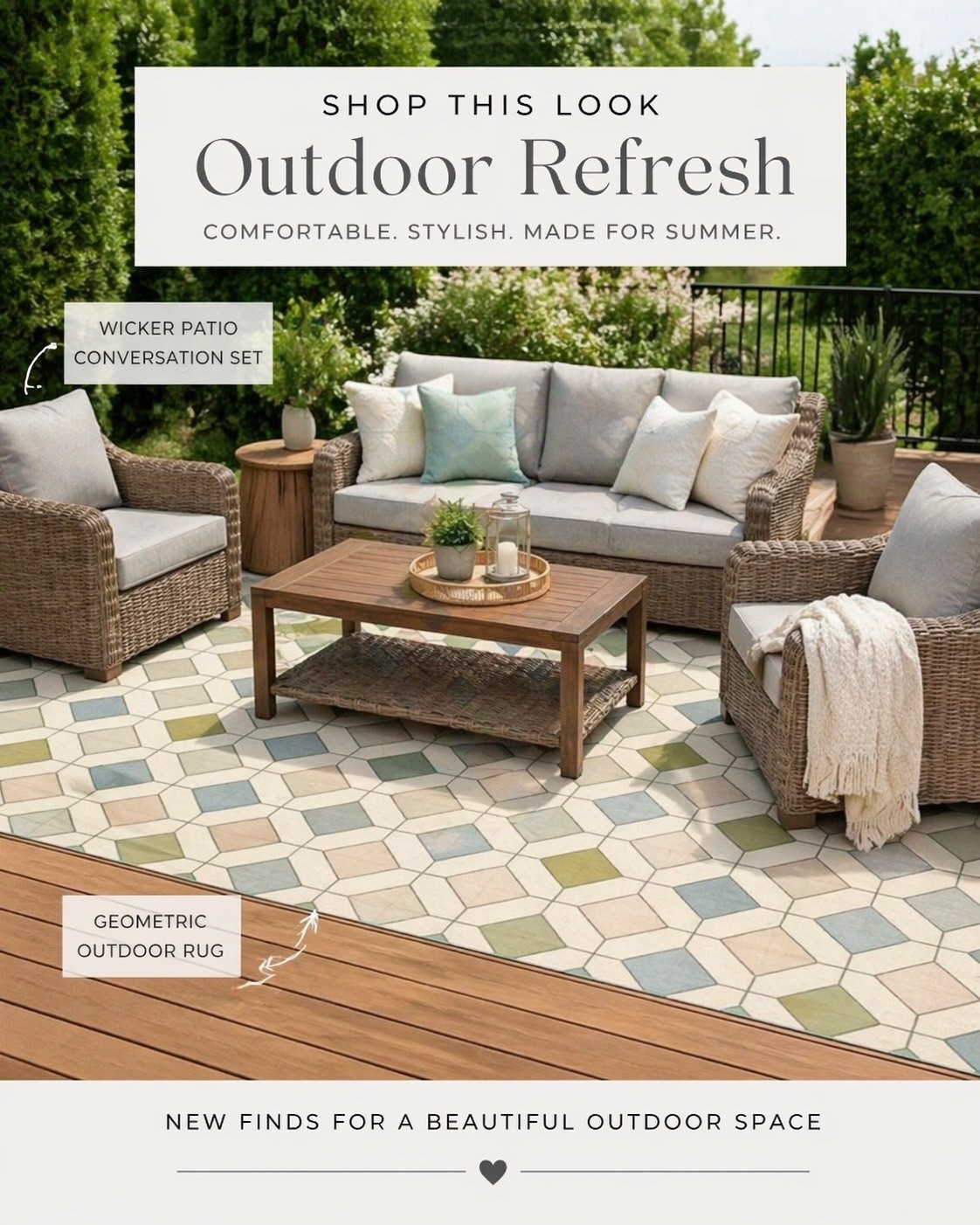     outdoor living
* patio refresh
* backyard oasis
* summer hosting
* outdoor entertaining
* cozy outdoor space
* neutral outdoor decor
* elevated everyday living     wicker patio set
* outdoor conversation set
* rattan outdoor furniture
* outdoor sofa set
* geometric outdoor rug
* washable outdoor rug
* patio rug
* deck styling

#LTKSaleAlert #LTKHome #LTKMothersDay