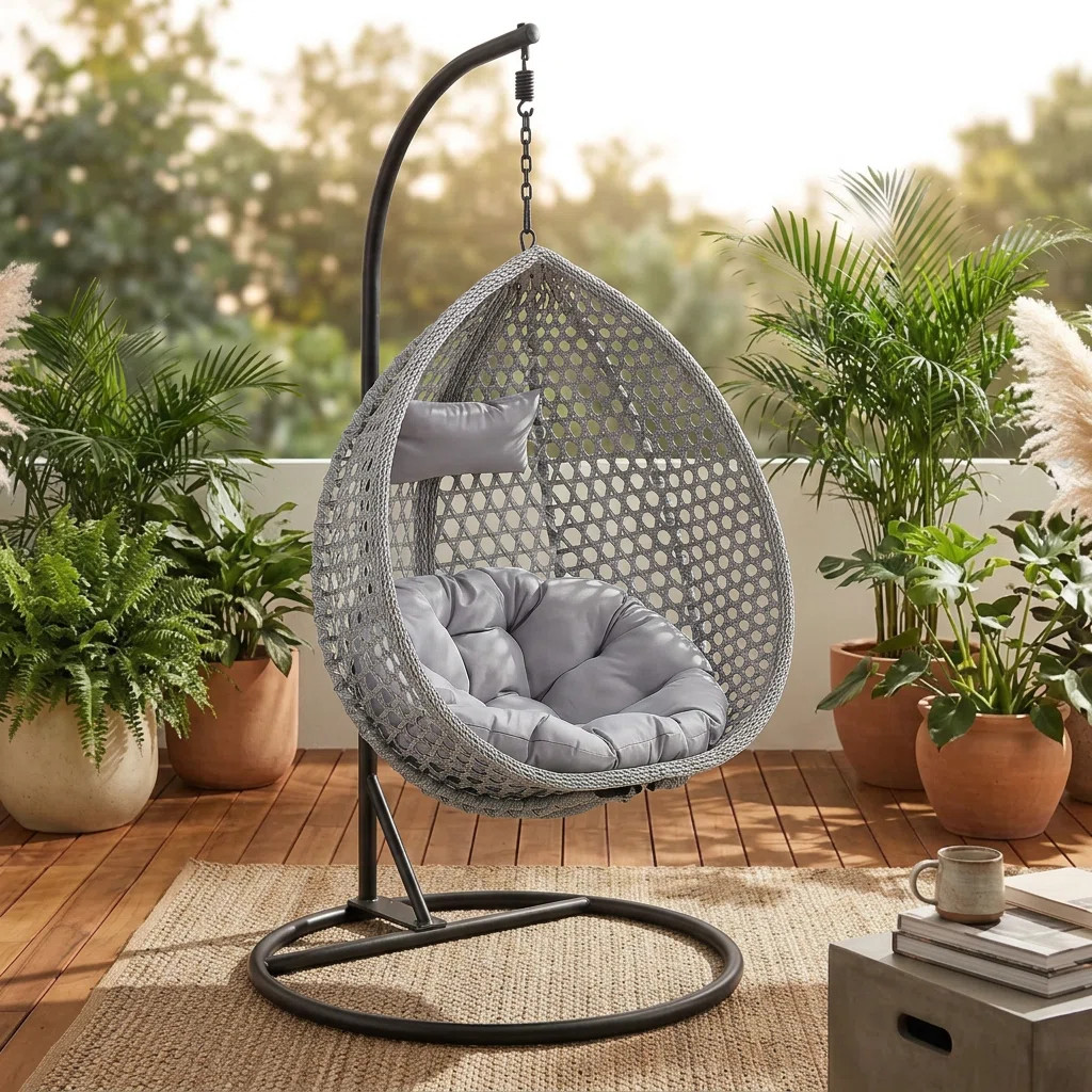 Chaviano Modern Indoor Outdoor Wicker Egg Chair with C-Stand, Teardrop Swing Chair with UV-Resist... | Wayfair North America