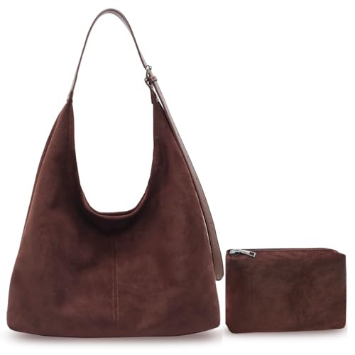 2PCS Brown Suede Bags for Women - New Slouchy Adjustable Strap Hobo Tote Shoulder Handbag, Fall Winter Travel Suede Purse with Pouch (Coffee) | Amazon (US)