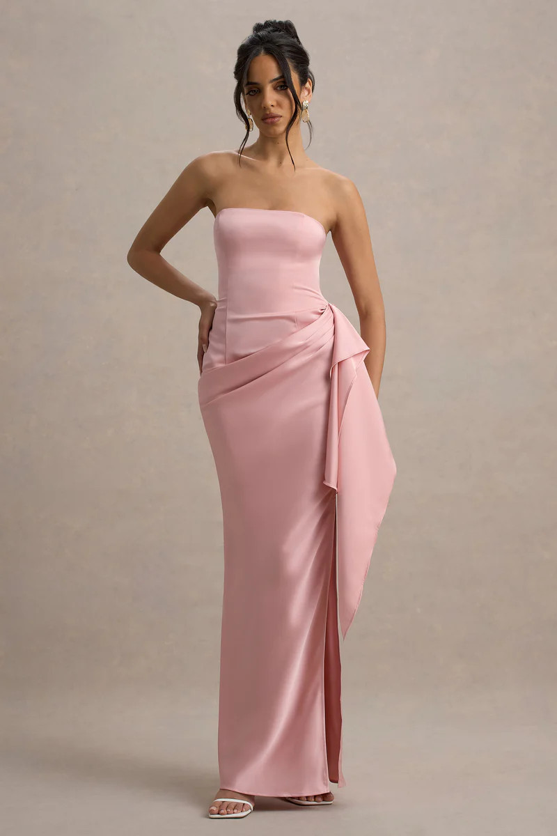 Loz | Light Pink Satin Bandeau Draped Maxi Dress | Club L London