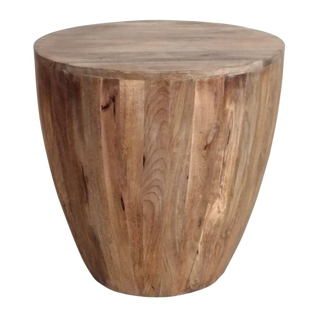 The Urban Port 21 in. W Brown Hand Carved Cylindrical Shape Round Mango Wood Distressed Wooden Side  | The Home Depot
